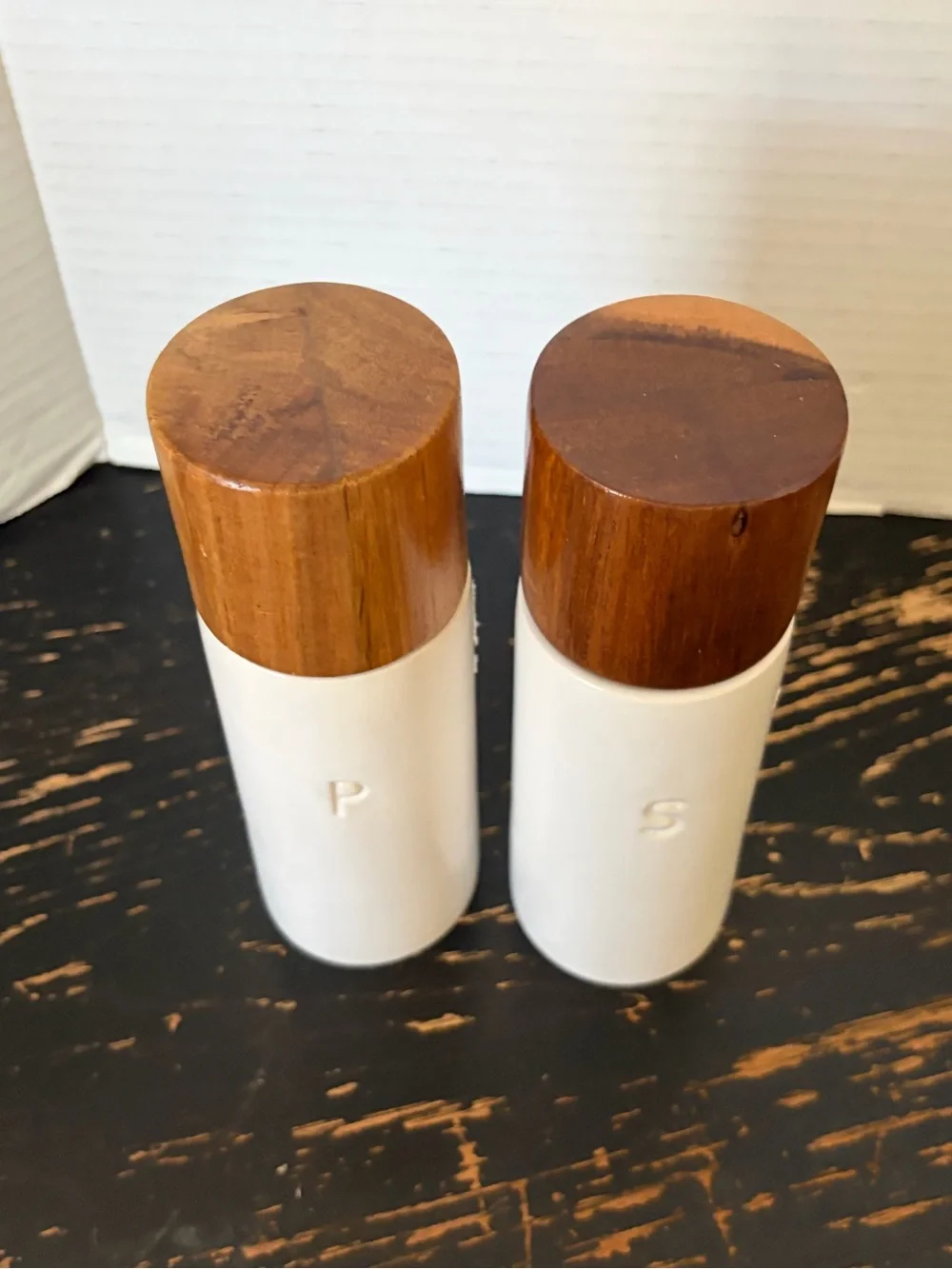 White Ceramic Salt and Pepper Shakers with Wood Tops
